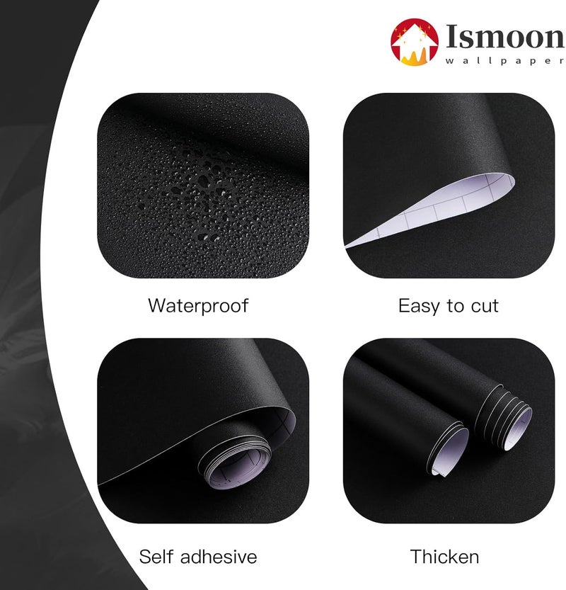 Ismoon 15.7''x236''Peel and Stick Wallpaper Black Contact Paper for Cabinets and Drawers Matte Black Removable Self-Adhesive Renter Friendly Wallpaper for Bedroom Thickening Waterproof Modern Vinyl - Image 4